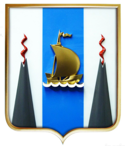 Герб Сахалинской области 42х50 см, барельеф, краска, рамка под золото